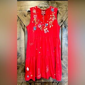 NWT Johnny Was Red Sleeveless Embroidered Dress Sz L
